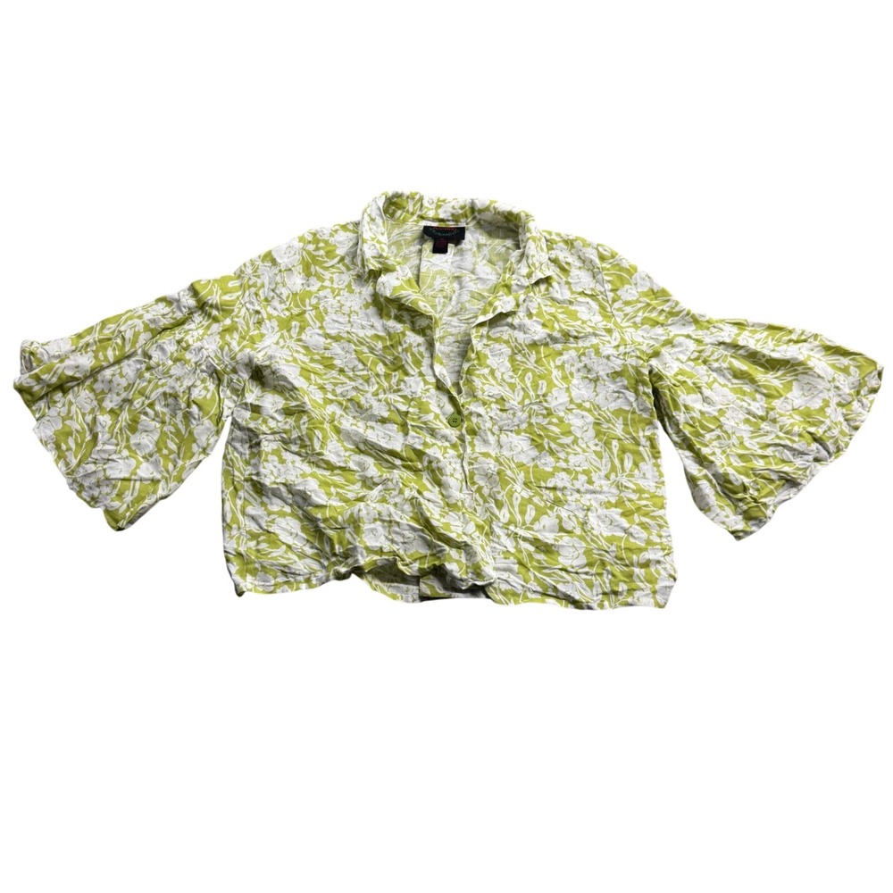 Ashro Green Floral Linen Pleated Bell Sleeve Blouse‎ Jacket S/20 Boho Retro